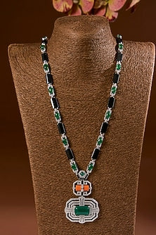 White Finish Emerald Stone Enameled Long Necklace Set In Sterling Silver