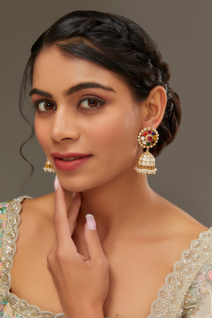 Gold Finish Moissanite Polki & Synthetic Navratna Stone Dangler Earrings In Sterling Silver