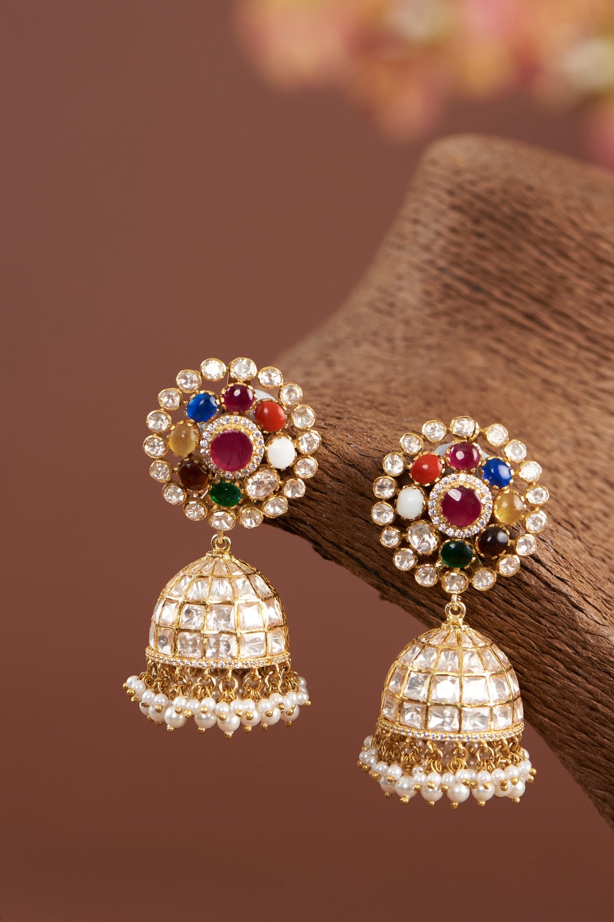 Gold Finish Moissanite Polki & Synthetic Navratna Stone Dangler Earrings In Sterling Silver