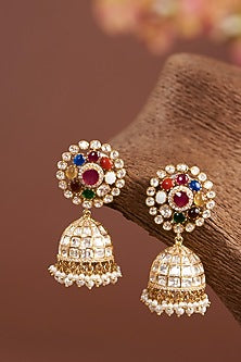 Gold Finish Moissanite Polki & Synthetic Navratna Stone Dangler Earrings In Sterling Silver