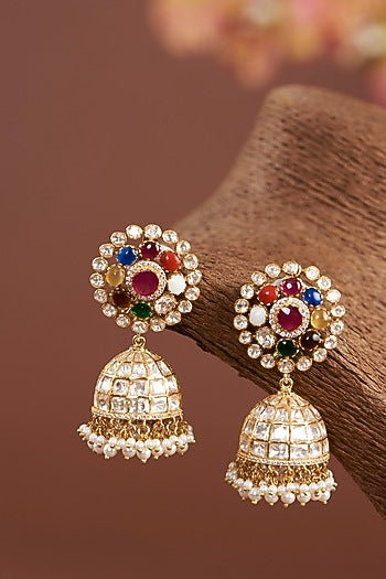 Gold Finish Moissanite Polki & Synthetic Navratna Stone Dangler Earrings In Sterling Silver