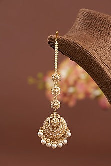 Gold Finish Moissanite Polki & Freshwater Pearl Maangtikka In Sterling Silver