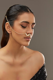 Gold Finish Moissanite Polki & Freshwater Pearl Nosering In Sterling Silver