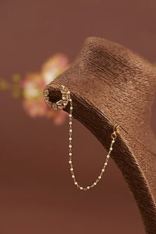 Gold Finish Moissanite Polki & Freshwater Pearl Nosering In Sterling Silver