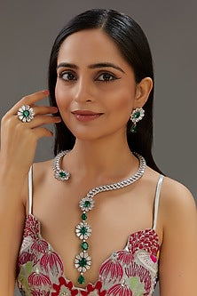 White Finish Zircon & Synthetic Emerald Stone Necklace Set In Sterling Silver