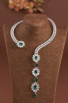 White Finish Zircon & Synthetic Emerald Stone Necklace Set In Sterling Silver