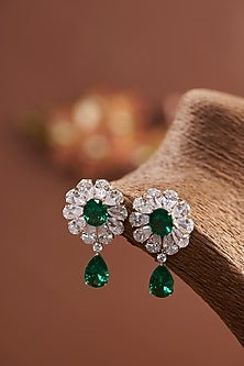 White Finish Zircon & Synthetic Emerald Stone Necklace Set In Sterling Silver