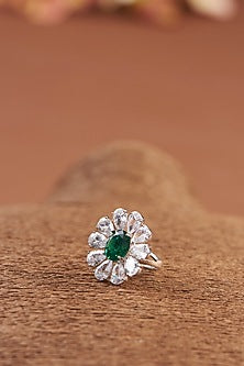 White Finish Zircon & Synthetic Emerald Stone Necklace Set In Sterling Silver