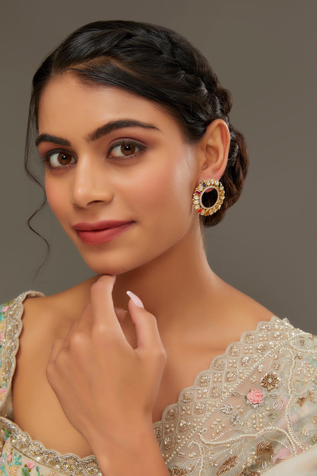 Gold Finish Moissanite Polki & Synthetic Navratna Stone Stud Earrings In Sterling Silver