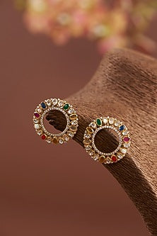 Gold Finish Moissanite Polki & Synthetic Navratna Stone Stud Earrings In Sterling Silver