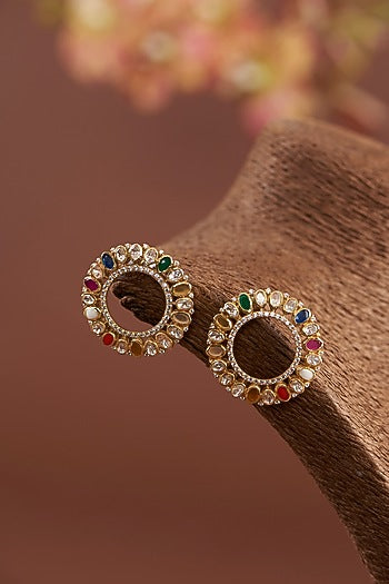 Gold Finish Moissanite Polki & Synthetic Navratna Stone Stud Earrings In Sterling Silver