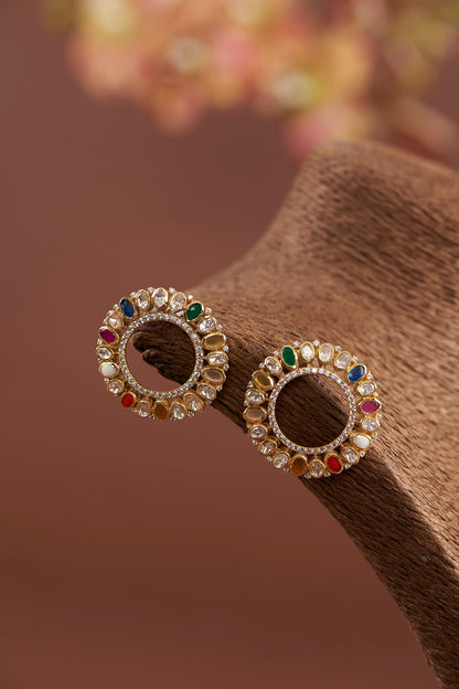 Gold Finish Moissanite Polki & Synthetic Navratna Stone Stud Earrings In Sterling Silver