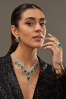 White Finish Zircon & Synthetic Emerald Stone Necklace Set In Sterling Silver