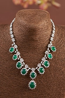 White Finish Zircon & Synthetic Emerald Stone Necklace Set In Sterling Silver