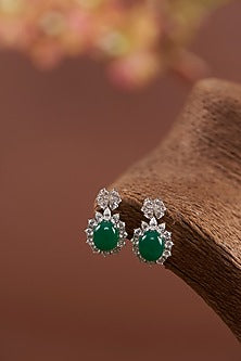 White Finish Zircon & Synthetic Emerald Stone Necklace Set In Sterling Silver