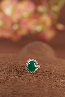 White Finish Zircon & Synthetic Emerald Stone Necklace Set In Sterling Silver