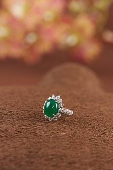White Finish Zircon & Synthetic Emerald Stone Necklace Set In Sterling Silver