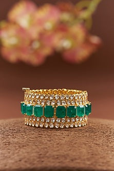 Gold Finish Moissanite Polki & Synthetic Emerald Bangle In Sterling Silver