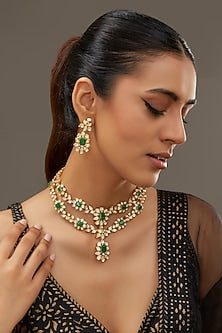 Gold Finish Moissanite Polki & Synthetic Emerald Necklace Set In Sterling Silver