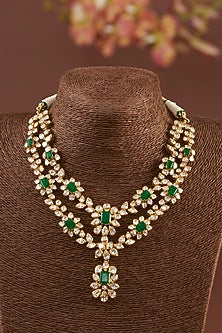 Gold Finish Moissanite Polki & Synthetic Emerald Necklace Set In Sterling Silver