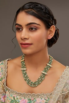 Gold Finish Moissanite Polki & Synthetic Emerald Necklace In Sterling Silver