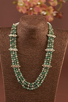 Gold Finish Moissanite Polki & Synthetic Emerald Necklace In Sterling Silver