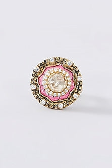 Antique Gold Finish Moissanite Polki Ring In Sterling Silver