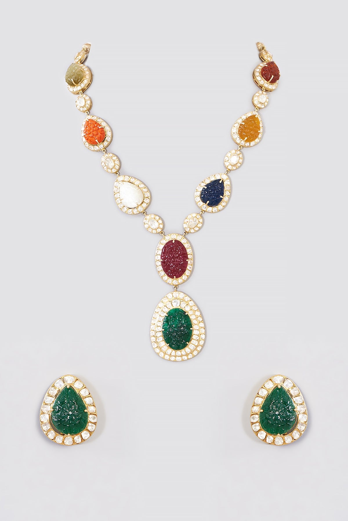 Gold Finish Navratan Stone Necklace Set In Sterling Silver
