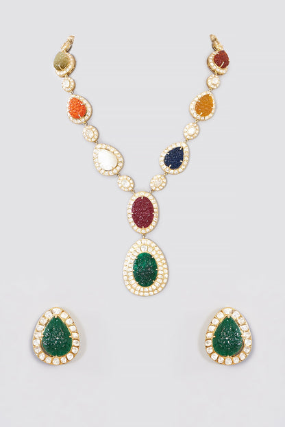 Gold Finish Navratan Stone Necklace Set In Sterling Silver