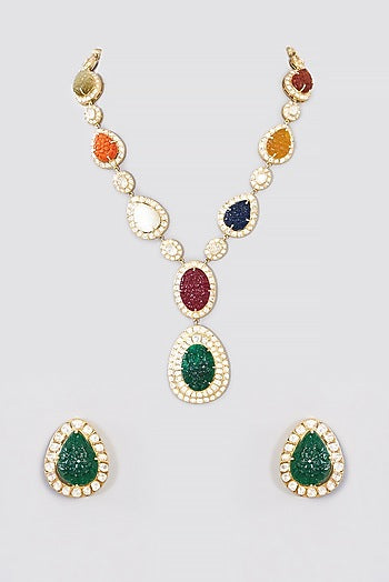 Gold Finish Navratan Stone Necklace Set In Sterling Silver