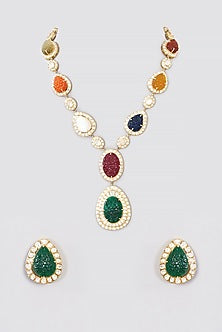 Gold Finish Navratan Stone Necklace Set In Sterling Silver
