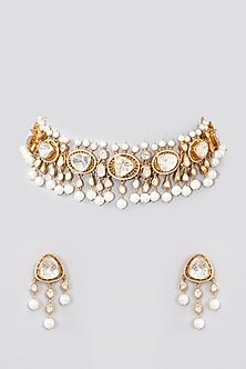 Gold Finish Moissanite Polki & Pearl Choker Necklace Set In Sterling Silver