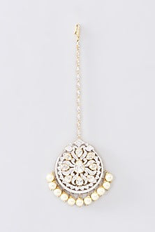 Gold Finish Moissanite Polki & Pearl Maangtikka In Sterling Silver