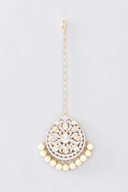 Gold Finish Moissanite Polki & Pearl Maangtikka In Sterling Silver