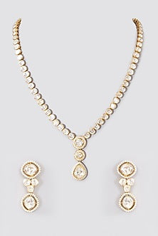 Gold Finish Moissanite Polki & CZ Necklace Set In Sterling Silver