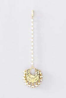 Gold Finish Pearl Temple Maangtikka In Sterling Silver