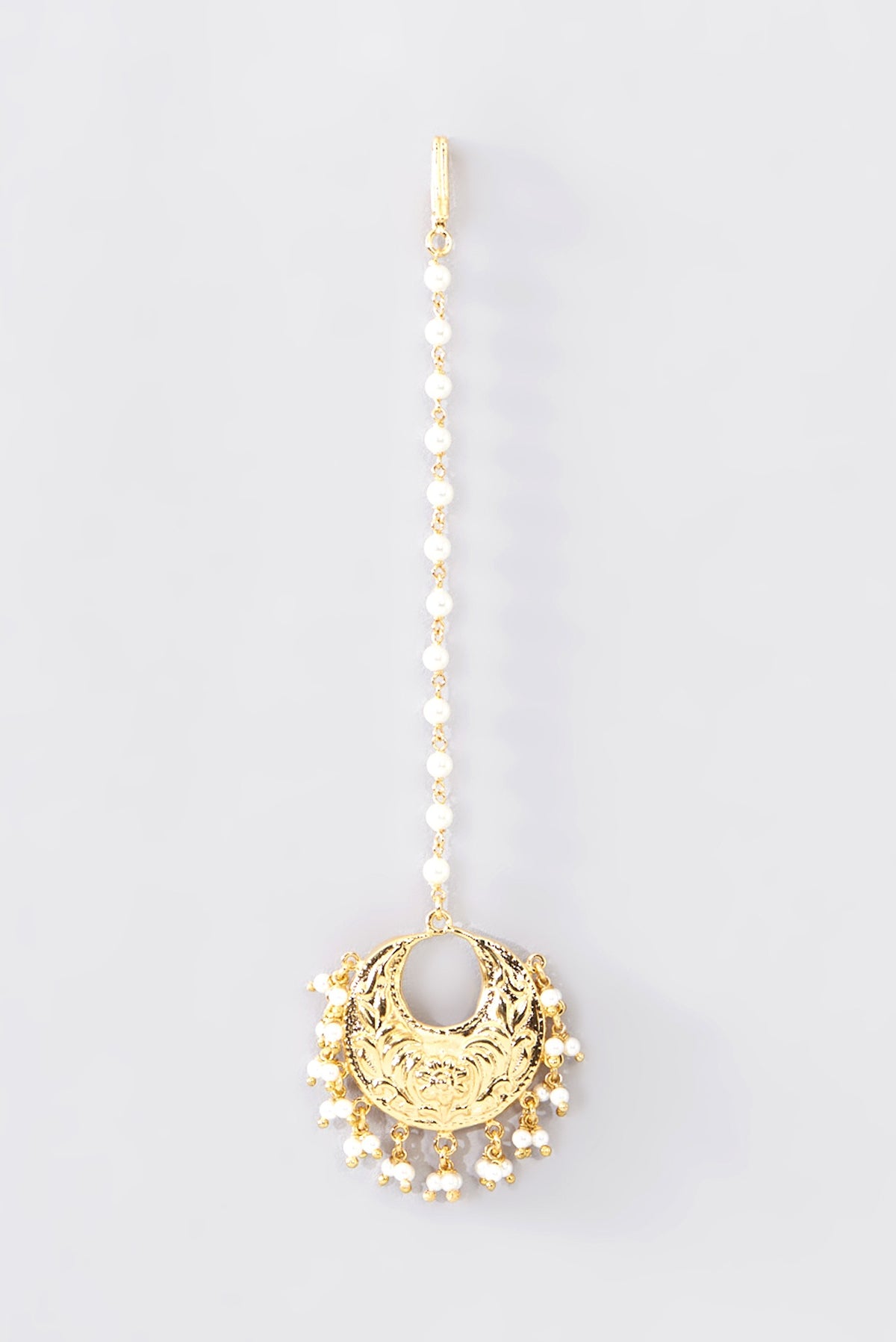 Gold Finish Pearl Temple Maangtikka In Sterling Silver