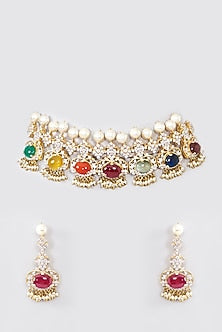 Gold Finish Navratna Stone & Pearl Choker Necklace Set In Sterling Silver