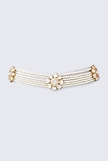 Gold Finish Moissanite Polki & Pearl Mathapatti In Sterling Silver