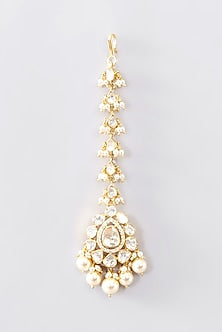 Gold Finish Moissanite Polki & Pearl Maangtikka In Sterling Silver