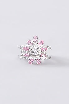 White Finish CZ & Pink Sapphire Ring In Sterling Silver