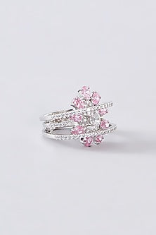 White Finish CZ & Pink Sapphire Ring In Sterling Silver