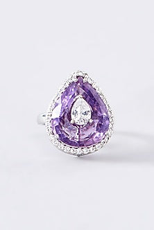 White Finish CZ & Amethyst Ring In Sterling Silver