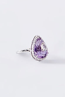 White Finish CZ & Amethyst Ring In Sterling Silver