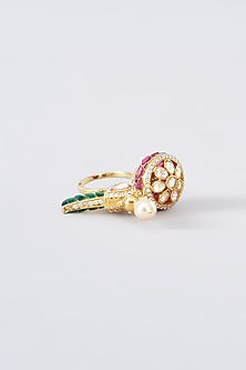 Gold Finish Moissanite Polki & CZ Ring In Sterling Silver