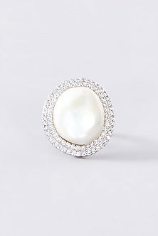 White Finish CZ & Pearl Ring In Sterling Silver