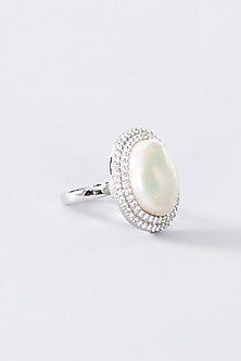 White Finish CZ & Pearl Ring In Sterling Silver