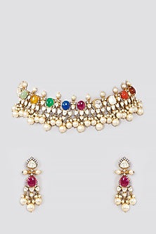 Gold Finish Navratna Stone Choker Necklace Set In Sterling Silver