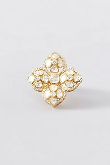 Gold Finish CZ & Moissanite Polki Ring In Sterling Silver