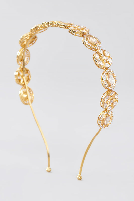 Gold Finish CZ & Moissanite Polki Hairaband In Sterling Silver